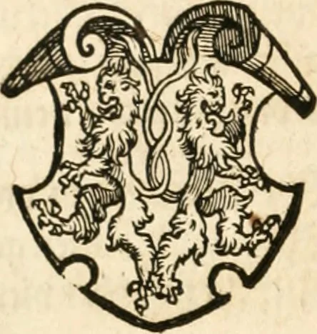 An illustration from Thurnier Buch : von Anfang, Vrsachen, Vrsprung vnd Herkommen der Thurnier im Heyligen Römischen Reich Teutscher Nation, wie viel offentlicher Landthurnier von Keyser Heinrich dem Ersten dieses Namens an biss auff den jetztregierenden Keyser Maximilian den Andern ... vnd in welchen Stetten die alle gehalten ... Alles jetzunder von neuwem zusammen getragen, mit schönen neuwen Figuren, sonderlich auch der adelischen Wappen, auffs schönest zugericht .., 1566, leaf 503