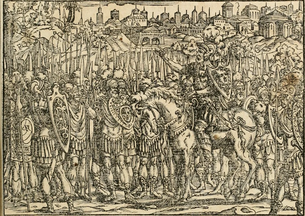 An illustration from Thurnier Buch : von Anfang, Vrsachen, Vrsprung vnd Herkommen der Thurnier im Heyligen Römischen Reich Teutscher Nation, wie viel offentlicher Landthurnier von Keyser Heinrich dem Ersten dieses Namens an biss auff den jetztregierenden Keyser Maximilian den Andern ... vnd in welchen Stetten die alle gehalten ... Alles jetzunder von neuwem zusammen getragen, mit schönen neuwen Figuren, sonderlich auch der adelischen Wappen, auffs schönest zugericht .., 1566, leaf 52