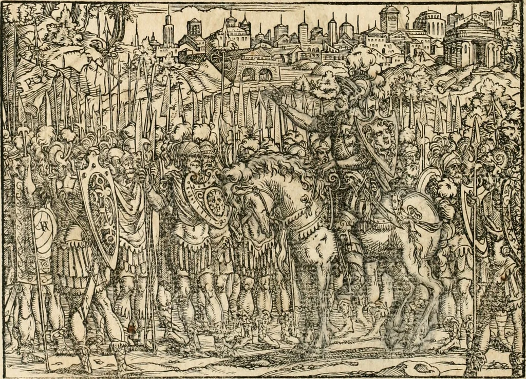 An illustration from Thurnier Buch : von Anfang, Vrsachen, Vrsprung vnd Herkommen der Thurnier im Heyligen Römischen Reich Teutscher Nation, wie viel offentlicher Landthurnier von Keyser Heinrich dem Ersten dieses Namens an biss auff den jetztregierenden Keyser Maximilian den Andern ... vnd in welchen Stetten die alle gehalten ... Alles jetzunder von neuwem zusammen getragen, mit schönen neuwen Figuren, sonderlich auch der adelischen Wappen, auffs schönest zugericht .., 1566, leaf 55