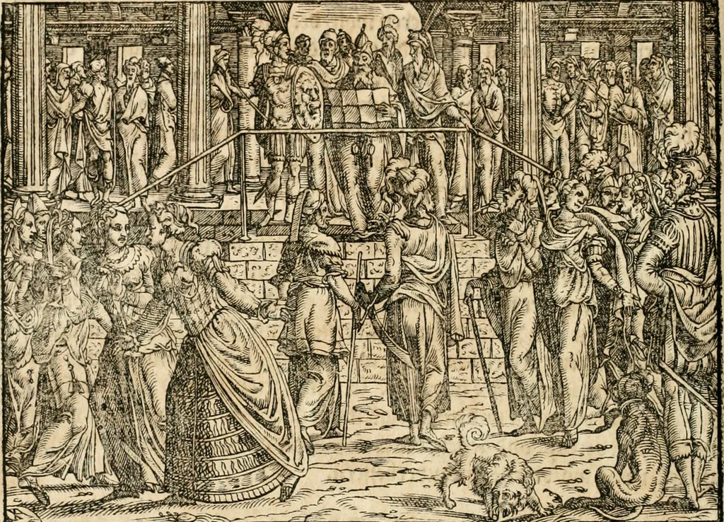 An illustration from Thurnier Buch : von Anfang, Vrsachen, Vrsprung vnd Herkommen der Thurnier im Heyligen Römischen Reich Teutscher Nation, wie viel offentlicher Landthurnier von Keyser Heinrich dem Ersten dieses Namens an biss auff den jetztregierenden Keyser Maximilian den Andern ... vnd in welchen Stetten die alle gehalten ... Alles jetzunder von neuwem zusammen getragen, mit schönen neuwen Figuren, sonderlich auch der adelischen Wappen, auffs schönest zugericht .., 1566, leaf 57