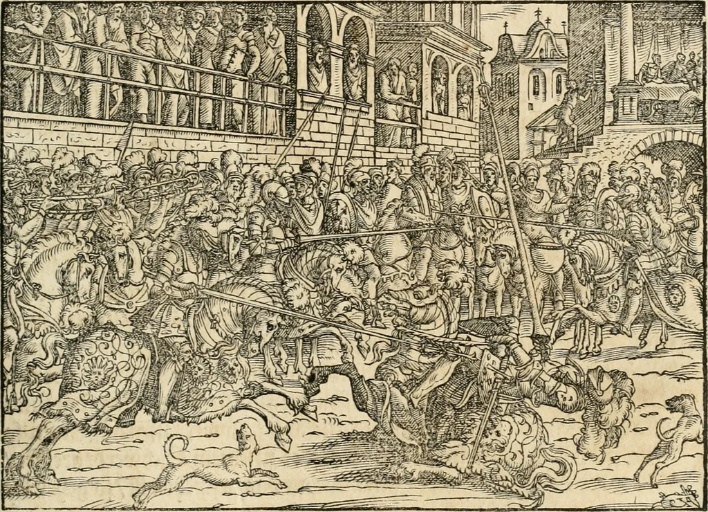 An illustration from Thurnier Buch : von Anfang, Vrsachen, Vrsprung vnd Herkommen der Thurnier im Heyligen Römischen Reich Teutscher Nation, wie viel offentlicher Landthurnier von Keyser Heinrich dem Ersten dieses Namens an biss auff den jetztregierenden Keyser Maximilian den Andern ... vnd in welchen Stetten die alle gehalten ... Alles jetzunder von neuwem zusammen getragen, mit schönen neuwen Figuren, sonderlich auch der adelischen Wappen, auffs schönest zugericht .., 1566, leaf 58
