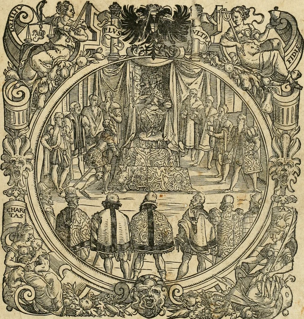 An illustration from Thurnier Buch : von Anfang, Vrsachen, Vrsprung vnd Herkommen der Thurnier im Heyligen Römischen Reich Teutscher Nation, wie viel offentlicher Landthurnier von Keyser Heinrich dem Ersten dieses Namens an biss auff den jetztregierenden Keyser Maximilian den Andern ... vnd in welchen Stetten die alle gehalten ... Alles jetzunder von neuwem zusammen getragen, mit schönen neuwen Figuren, sonderlich auch der adelischen Wappen, auffs schönest zugericht .., 1566, leaf 6