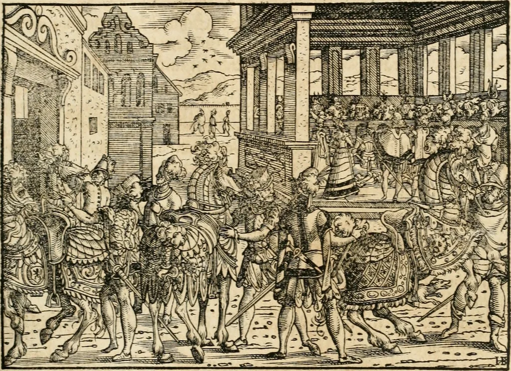 An illustration from Thurnier Buch : von Anfang, Vrsachen, Vrsprung vnd Herkommen der Thurnier im Heyligen Römischen Reich Teutscher Nation, wie viel offentlicher Landthurnier von Keyser Heinrich dem Ersten dieses Namens an biss auff den jetztregierenden Keyser Maximilian den Andern ... vnd in welchen Stetten die alle gehalten ... Alles jetzunder von neuwem zusammen getragen, mit schönen neuwen Figuren, sonderlich auch der adelischen Wappen, auffs schönest zugericht .., 1566, leaf 60
