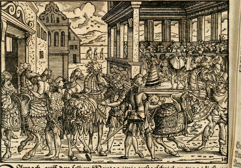 An illustration from Thurnier Buch : von Anfang, Vrsachen, Vrsprung vnd Herkommen der Thurnier im Heyligen Römischen Reich Teutscher Nation, wie viel offentlicher Landthurnier von Keyser Heinrich dem Ersten dieses Namens an biss auff den jetztregierenden Keyser Maximilian den Andern ... vnd in welchen Stetten die alle gehalten ... Alles jetzunder von neuwem zusammen getragen, mit schönen neuwen Figuren, sonderlich auch der adelischen Wappen, auffs schönest zugericht .., 1566, leaf 63
