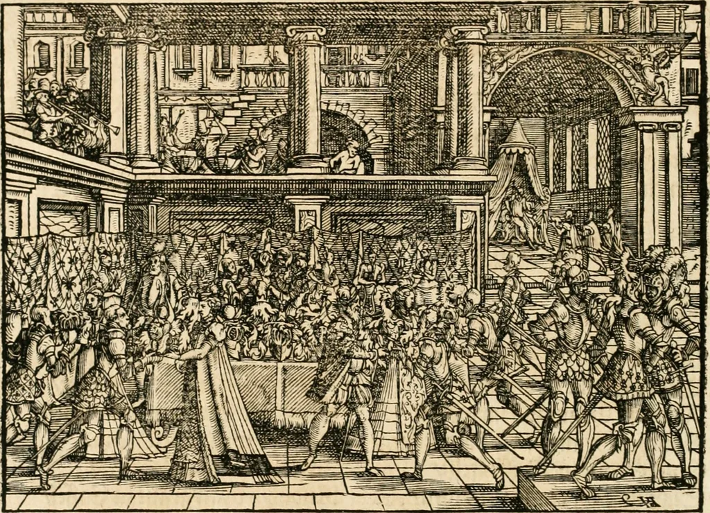 An illustration from Thurnier Buch : von Anfang, Vrsachen, Vrsprung vnd Herkommen der Thurnier im Heyligen Römischen Reich Teutscher Nation, wie viel offentlicher Landthurnier von Keyser Heinrich dem Ersten dieses Namens an biss auff den jetztregierenden Keyser Maximilian den Andern ... vnd in welchen Stetten die alle gehalten ... Alles jetzunder von neuwem zusammen getragen, mit schönen neuwen Figuren, sonderlich auch der adelischen Wappen, auffs schönest zugericht .., 1566, leaf 65