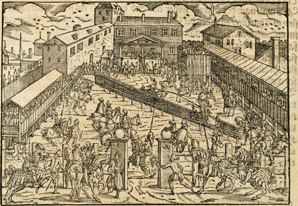 An illustration from Thurnier Buch : von Anfang, Vrsachen, Vrsprung vnd Herkommen der Thurnier im Heyligen Römischen Reich Teutscher Nation, wie viel offentlicher Landthurnier von Keyser Heinrich dem Ersten dieses Namens an biss auff den jetztregierenden Keyser Maximilian den Andern ... vnd in welchen Stetten die alle gehalten ... Alles jetzunder von neuwem zusammen getragen, mit schönen neuwen Figuren, sonderlich auch der adelischen Wappen, auffs schönest zugericht .., 1566, leaf 71