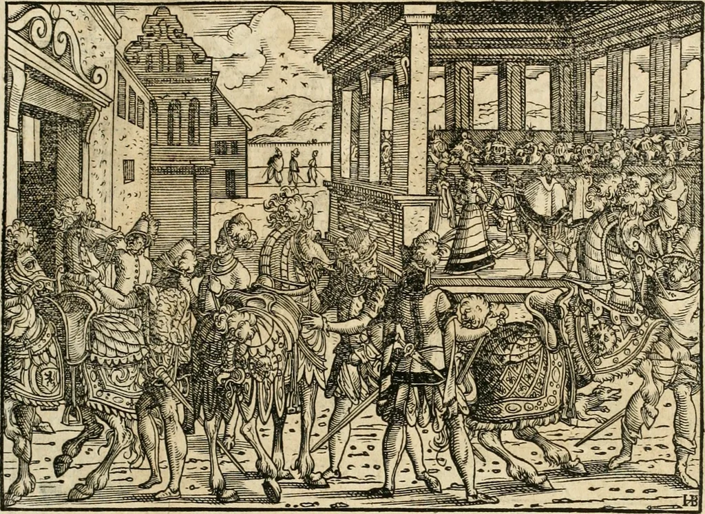 An illustration from Thurnier Buch : von Anfang, Vrsachen, Vrsprung vnd Herkommen der Thurnier im Heyligen Römischen Reich Teutscher Nation, wie viel offentlicher Landthurnier von Keyser Heinrich dem Ersten dieses Namens an biss auff den jetztregierenden Keyser Maximilian den Andern ... vnd in welchen Stetten die alle gehalten ... Alles jetzunder von neuwem zusammen getragen, mit schönen neuwen Figuren, sonderlich auch der adelischen Wappen, auffs schönest zugericht .., 1566, leaf 72