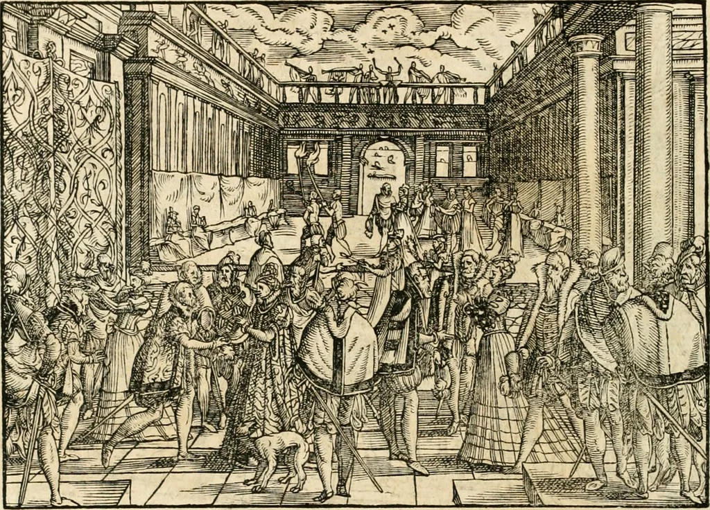 An illustration from Thurnier Buch : von Anfang, Vrsachen, Vrsprung vnd Herkommen der Thurnier im Heyligen Römischen Reich Teutscher Nation, wie viel offentlicher Landthurnier von Keyser Heinrich dem Ersten dieses Namens an biss auff den jetztregierenden Keyser Maximilian den Andern ... vnd in welchen Stetten die alle gehalten ... Alles jetzunder von neuwem zusammen getragen, mit schönen neuwen Figuren, sonderlich auch der adelischen Wappen, auffs schönest zugericht .., 1566, leaf 73