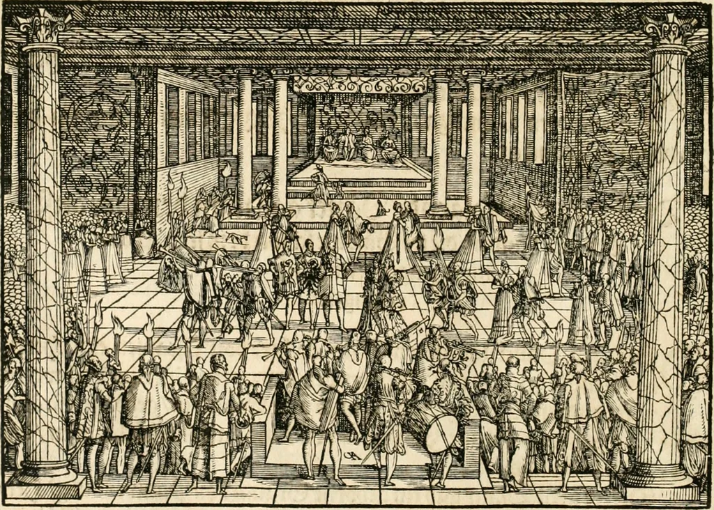 An illustration from Thurnier Buch : von Anfang, Vrsachen, Vrsprung vnd Herkommen der Thurnier im Heyligen Römischen Reich Teutscher Nation, wie viel offentlicher Landthurnier von Keyser Heinrich dem Ersten dieses Namens an biss auff den jetztregierenden Keyser Maximilian den Andern ... vnd in welchen Stetten die alle gehalten ... Alles jetzunder von neuwem zusammen getragen, mit schönen neuwen Figuren, sonderlich auch der adelischen Wappen, auffs schönest zugericht .., 1566, leaf 75