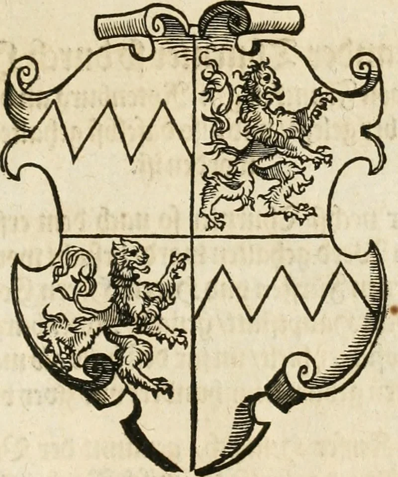 An illustration from Thurnier Buch : von Anfang, Vrsachen, Vrsprung vnd Herkommen der Thurnier im Heyligen Römischen Reich Teutscher Nation, wie viel offentlicher Landthurnier von Keyser Heinrich dem Ersten dieses Namens an biss auff den jetztregierenden Keyser Maximilian den Andern ... vnd in welchen Stetten die alle gehalten ... Alles jetzunder von neuwem zusammen getragen, mit schönen neuwen Figuren, sonderlich auch der adelischen Wappen, auffs schönest zugericht .., 1566, leaf 78