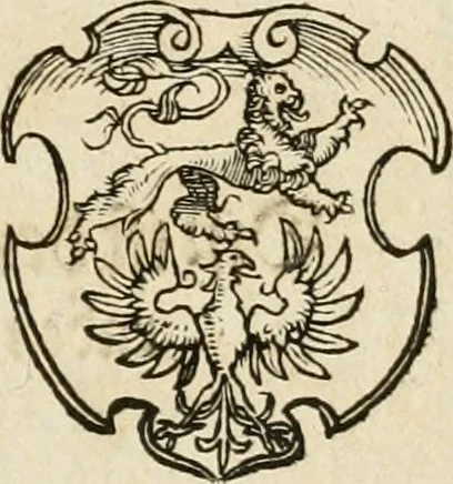 An illustration from Thurnier Buch : von Anfang, Vrsachen, Vrsprung vnd Herkommen der Thurnier im Heyligen Römischen Reich Teutscher Nation, wie viel offentlicher Landthurnier von Keyser Heinrich dem Ersten dieses Namens an biss auff den jetztregierenden Keyser Maximilian den Andern ... vnd in welchen Stetten die alle gehalten ... Alles jetzunder von neuwem zusammen getragen, mit schönen neuwen Figuren, sonderlich auch der adelischen Wappen, auffs schönest zugericht .., 1566, leaf 78