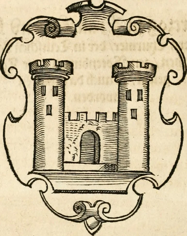 An illustration from Thurnier Buch : von Anfang, Vrsachen, Vrsprung vnd Herkommen der Thurnier im Heyligen Römischen Reich Teutscher Nation, wie viel offentlicher Landthurnier von Keyser Heinrich dem Ersten dieses Namens an biss auff den jetztregierenden Keyser Maximilian den Andern ... vnd in welchen Stetten die alle gehalten ... Alles jetzunder von neuwem zusammen getragen, mit schönen neuwen Figuren, sonderlich auch der adelischen Wappen, auffs schönest zugericht .., 1566, leaf 79