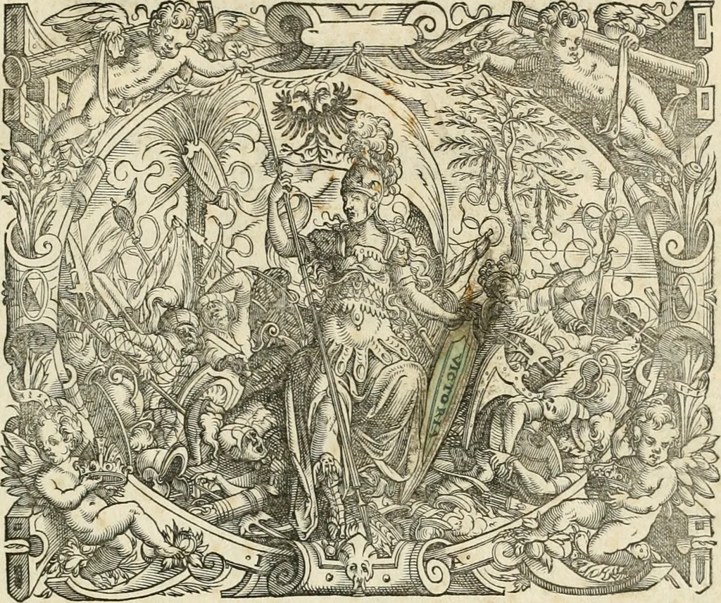 An illustration from Thurnier Buch : von Anfang, Vrsachen, Vrsprung vnd Herkommen der Thurnier im Heyligen Römischen Reich Teutscher Nation, wie viel offentlicher Landthurnier von Keyser Heinrich dem Ersten dieses Namens an biss auff den jetztregierenden Keyser Maximilian den Andern ... vnd in welchen Stetten die alle gehalten ... Alles jetzunder von neuwem zusammen getragen, mit schönen neuwen Figuren, sonderlich auch der adelischen Wappen, auffs schönest zugericht .., 1566, leaf 8