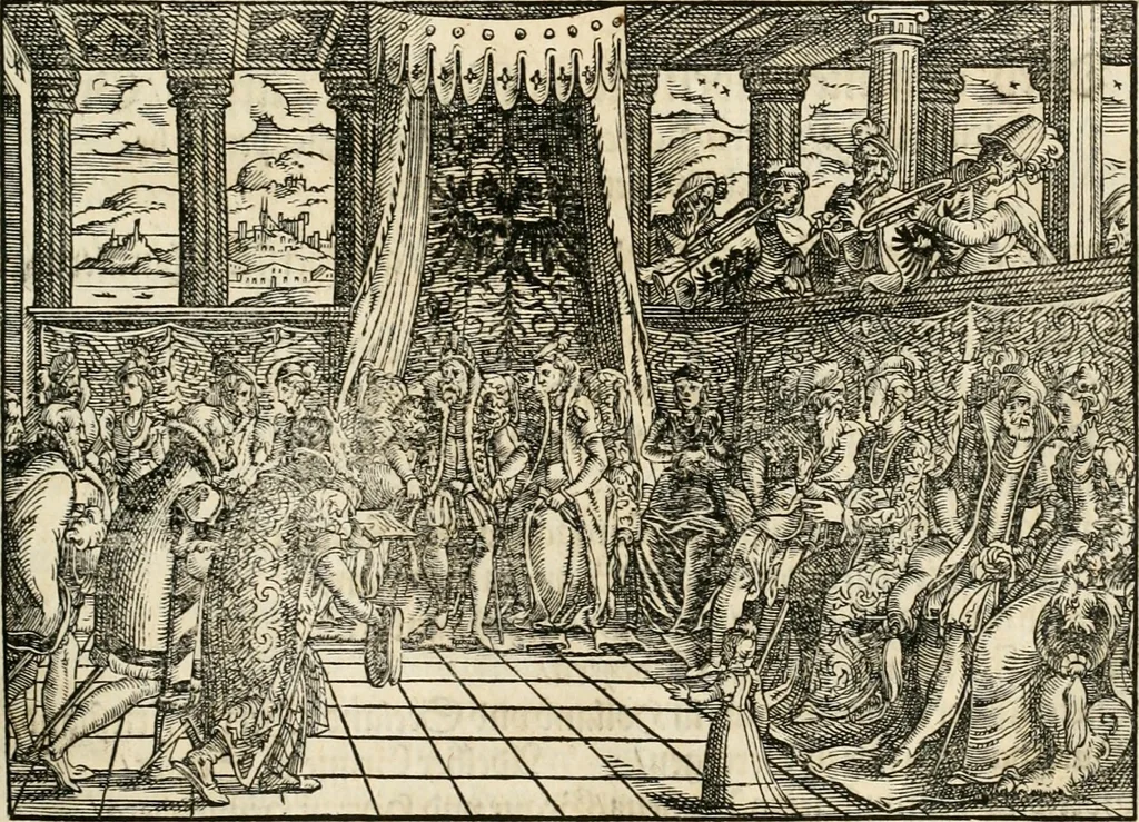 An illustration from Thurnier Buch : von Anfang, Vrsachen, Vrsprung vnd Herkommen der Thurnier im Heyligen Römischen Reich Teutscher Nation, wie viel offentlicher Landthurnier von Keyser Heinrich dem Ersten dieses Namens an biss auff den jetztregierenden Keyser Maximilian den Andern ... vnd in welchen Stetten die alle gehalten ... Alles jetzunder von neuwem zusammen getragen, mit schönen neuwen Figuren, sonderlich auch der adelischen Wappen, auffs schönest zugericht .., 1566, leaf 80