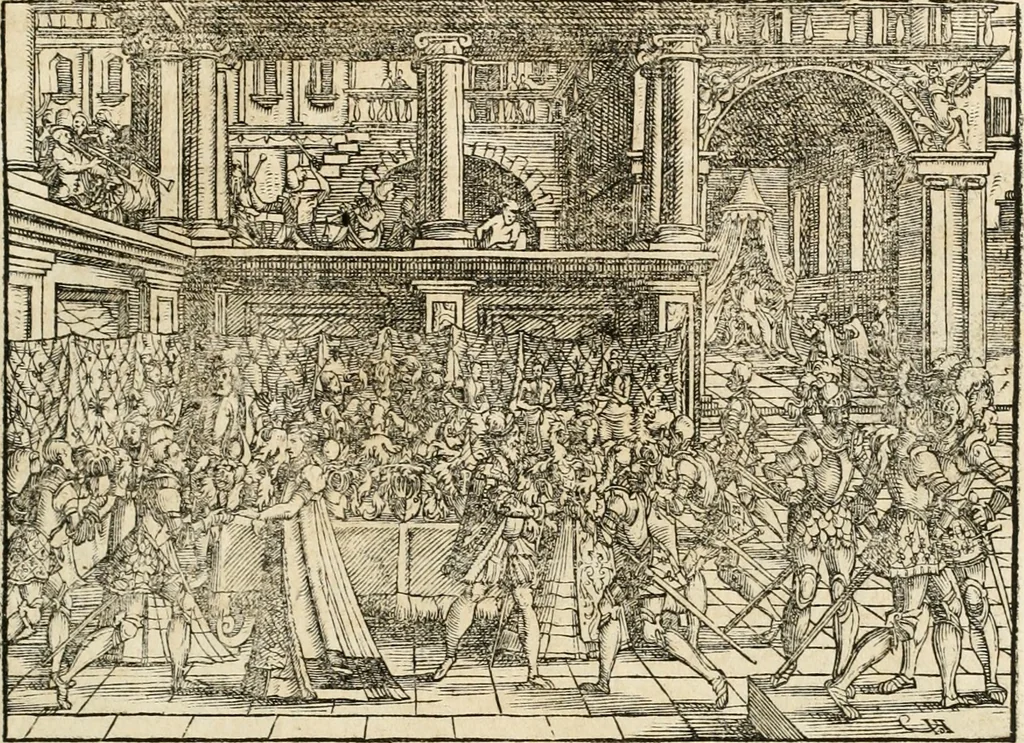An illustration from Thurnier Buch : von Anfang, Vrsachen, Vrsprung vnd Herkommen der Thurnier im Heyligen Römischen Reich Teutscher Nation, wie viel offentlicher Landthurnier von Keyser Heinrich dem Ersten dieses Namens an biss auff den jetztregierenden Keyser Maximilian den Andern ... vnd in welchen Stetten die alle gehalten ... Alles jetzunder von neuwem zusammen getragen, mit schönen neuwen Figuren, sonderlich auch der adelischen Wappen, auffs schönest zugericht .., 1566, leaf 84