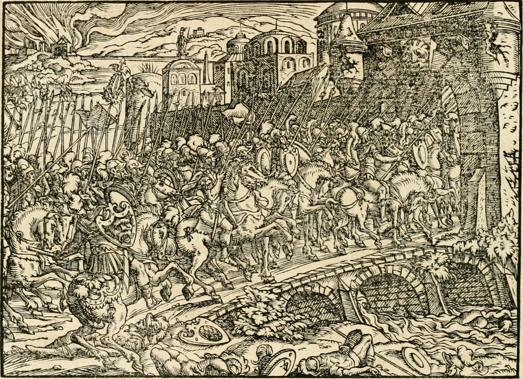 An illustration from Thurnier Buch : von Anfang, Vrsachen, Vrsprung vnd Herkommen der Thurnier im Heyligen Römischen Reich Teutscher Nation, wie viel offentlicher Landthurnier von Keyser Heinrich dem Ersten dieses Namens an biss auff den jetztregierenden Keyser Maximilian den Andern ... vnd in welchen Stetten die alle gehalten ... Alles jetzunder von neuwem zusammen getragen, mit schönen neuwen Figuren, sonderlich auch der adelischen Wappen, auffs schönest zugericht .., 1566, leaf 85