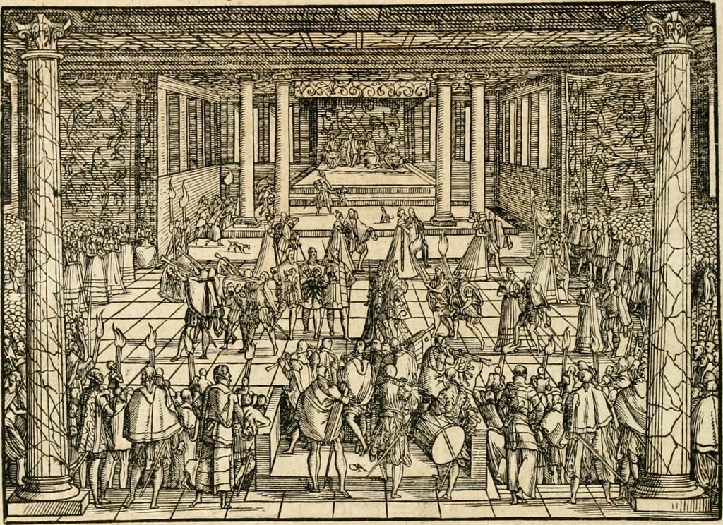 An illustration from Thurnier Buch : von Anfang, Vrsachen, Vrsprung vnd Herkommen der Thurnier im Heyligen Römischen Reich Teutscher Nation, wie viel offentlicher Landthurnier von Keyser Heinrich dem Ersten dieses Namens an biss auff den jetztregierenden Keyser Maximilian den Andern ... vnd in welchen Stetten die alle gehalten ... Alles jetzunder von neuwem zusammen getragen, mit schönen neuwen Figuren, sonderlich auch der adelischen Wappen, auffs schönest zugericht .., 1566, leaf 89