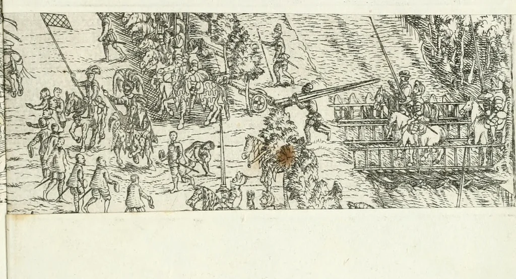 An illustration from Thurnier Buch, warhafftiger ritterlicher Thate : so in dem Monat Junij des vergangnen LX. Jars in vnd ausserhalb der Statt Wienn zu Ross vnd zu Fuess, auff Wasser vnd Lannd gehalten worden, mit schönen Figuren contrafeet : vnd dem Allerdurchleuchtigisten, Grossmechtigisten Fürsten vnnd Herrn, Herren Ferdinando, erweltem Römischen Kayser ..., 1561, leaf 124