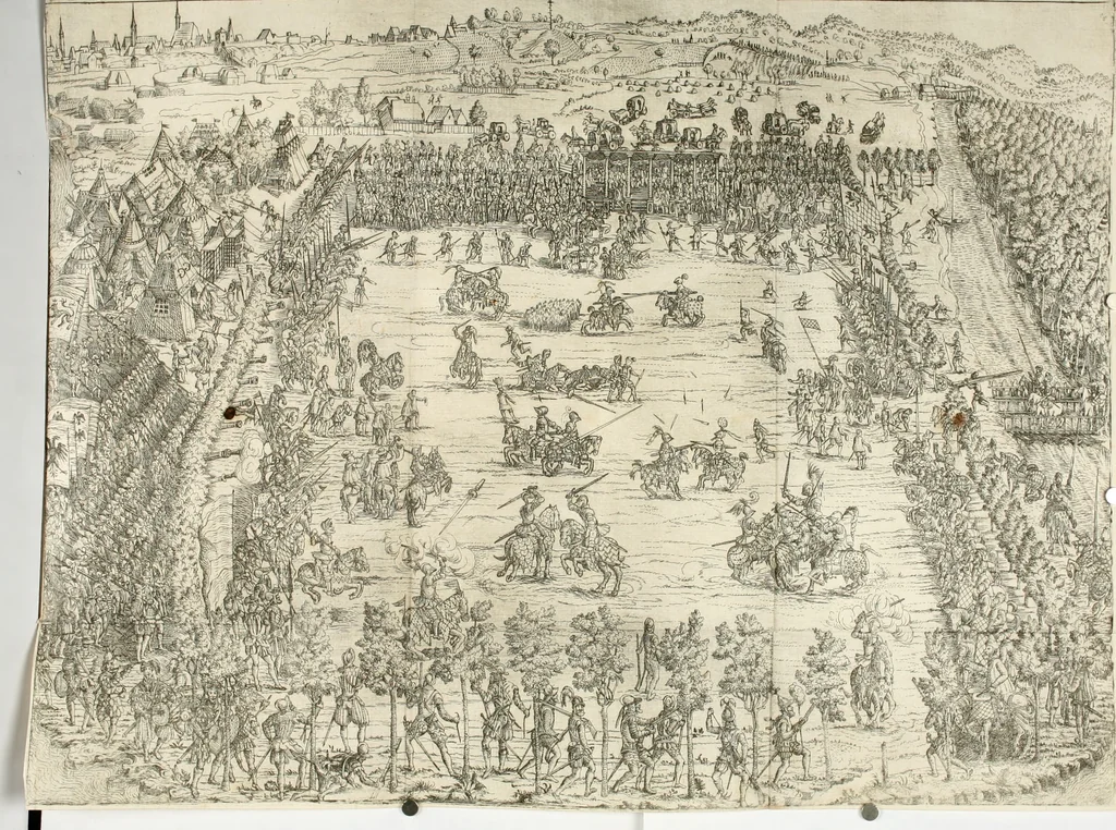 An illustration from Thurnier Buch, warhafftiger ritterlicher Thate : so in dem Monat Junij des vergangnen LX. Jars in vnd ausserhalb der Statt Wienn zu Ross vnd zu Fuess, auff Wasser vnd Lannd gehalten worden, mit schönen Figuren contrafeet : vnd dem Allerdurchleuchtigisten, Grossmechtigisten Fürsten vnnd Herrn, Herren Ferdinando, erweltem Römischen Kayser ..., 1561, leaf 125