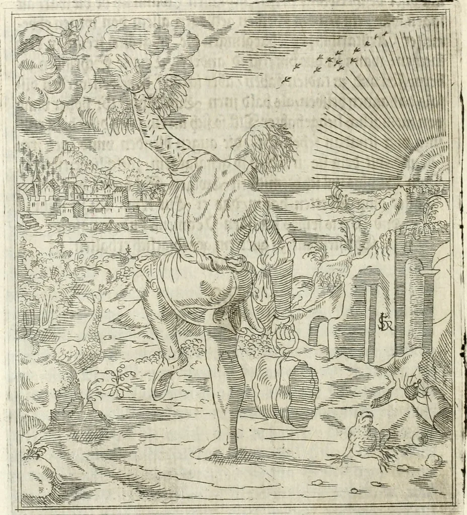 An illustration from Thurnier Buch, warhafftiger ritterlicher Thate : so in dem Monat Junij des vergangnen LX. Jars in vnd ausserhalb der Statt Wienn zu Ross vnd zu Fuess, auff Wasser vnd Lannd gehalten worden, mit schönen Figuren contrafeet : vnd dem Allerdurchleuchtigisten, Grossmechtigisten Fürsten vnnd Herrn, Herren Ferdinando, erweltem Römischen Kayser ..., 1561, leaf 15