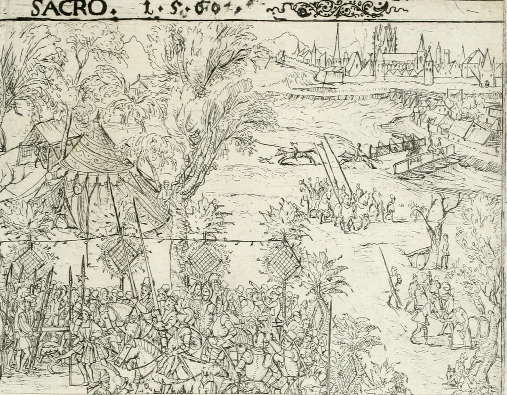 An illustration from Thurnier Buch, warhafftiger ritterlicher Thate : so in dem Monat Junij des vergangnen LX. Jars in vnd ausserhalb der Statt Wienn zu Ross vnd zu Fuess, auff Wasser vnd Lannd gehalten worden, mit schönen Figuren contrafeet : vnd dem Allerdurchleuchtigisten, Grossmechtigisten Fürsten vnnd Herrn, Herren Ferdinando, erweltem Römischen Kayser ..., 1561, leaf 166