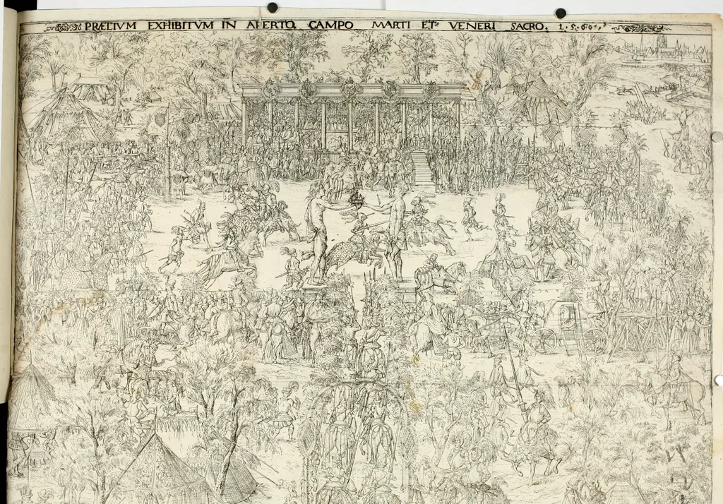 An illustration from Thurnier Buch, warhafftiger ritterlicher Thate : so in dem Monat Junij des vergangnen LX. Jars in vnd ausserhalb der Statt Wienn zu Ross vnd zu Fuess, auff Wasser vnd Lannd gehalten worden, mit schönen Figuren contrafeet : vnd dem Allerdurchleuchtigisten, Grossmechtigisten Fürsten vnnd Herrn, Herren Ferdinando, erweltem Römischen Kayser ..., 1561, leaf 167
