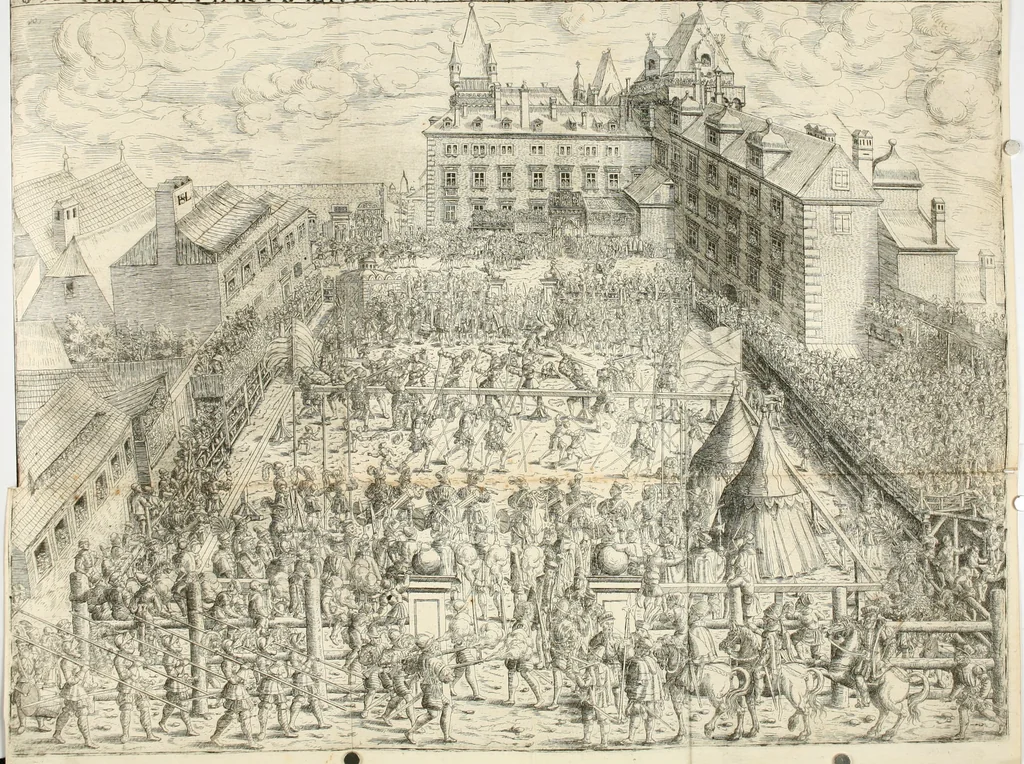 An illustration from Thurnier Buch, warhafftiger ritterlicher Thate : so in dem Monat Junij des vergangnen LX. Jars in vnd ausserhalb der Statt Wienn zu Ross vnd zu Fuess, auff Wasser vnd Lannd gehalten worden, mit schönen Figuren contrafeet : vnd dem Allerdurchleuchtigisten, Grossmechtigisten Fürsten vnnd Herrn, Herren Ferdinando, erweltem Römischen Kayser ..., 1561, leaf 27