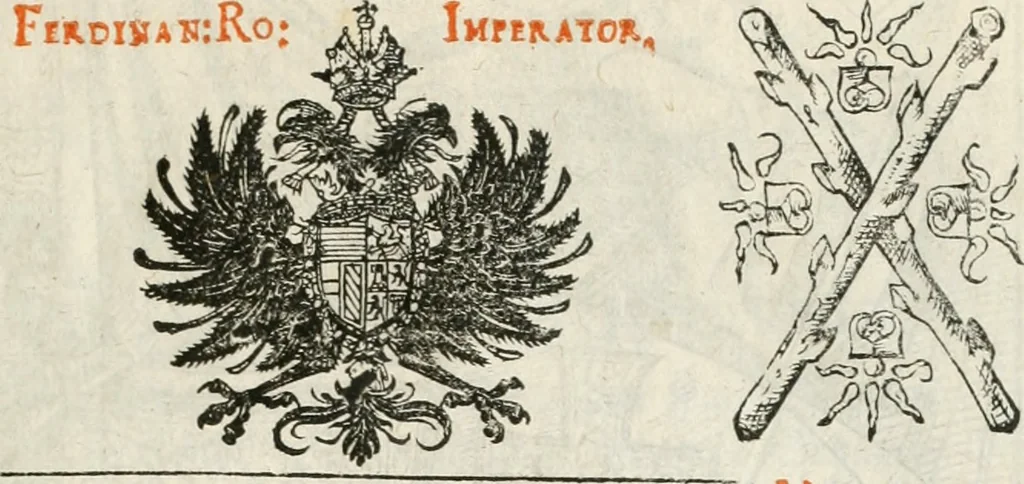 An illustration from Thurnier Buch, warhafftiger ritterlicher Thate : so in dem Monat Junij des vergangnen LX. Jars in vnd ausserhalb der Statt Wienn zu Ross vnd zu Fuess, auff Wasser vnd Lannd gehalten worden, mit schönen Figuren contrafeet : vnd dem Allerdurchleuchtigisten, Grossmechtigisten Fürsten vnnd Herrn, Herren Ferdinando, erweltem Römischen Kayser ..., 1561, leaf 4