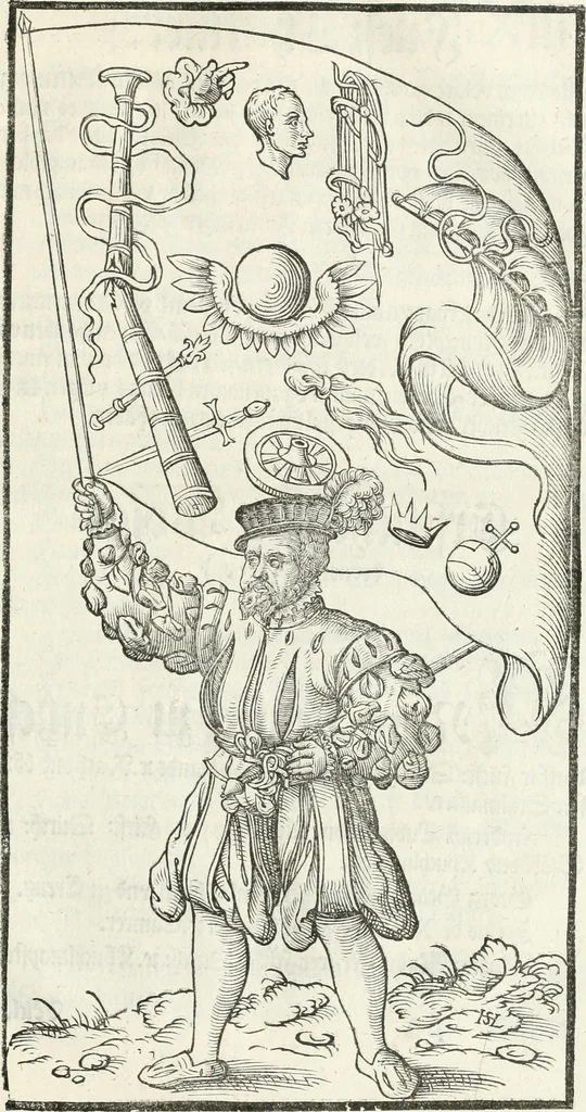 An illustration from Thurnier Buch, warhafftiger ritterlicher Thate : so in dem Monat Junij des vergangnen LX. Jars in vnd ausserhalb der Statt Wienn zu Ross vnd zu Fuess, auff Wasser vnd Lannd gehalten worden, mit schönen Figuren contrafeet : vnd dem Allerdurchleuchtigisten, Grossmechtigisten Fürsten vnnd Herrn, Herren Ferdinando, erweltem Römischen Kayser ..., 1561, leaf 46