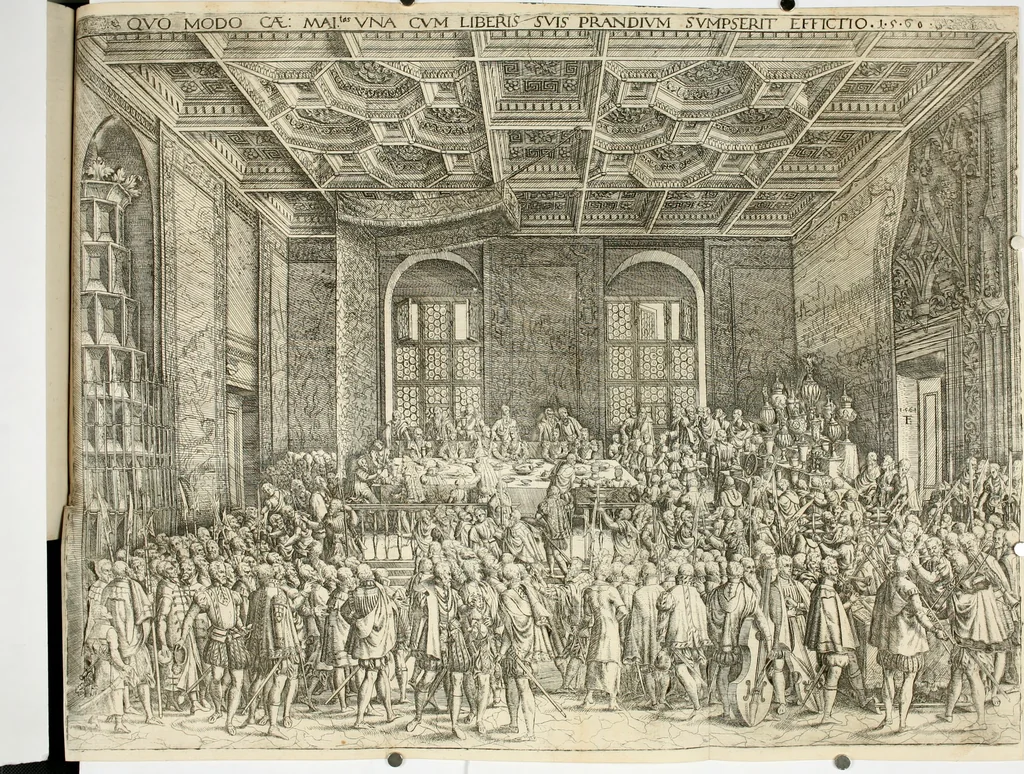 An illustration from Thurnier Buch, warhafftiger ritterlicher Thate : so in dem Monat Junij des vergangnen LX. Jars in vnd ausserhalb der Statt Wienn zu Ross vnd zu Fuess, auff Wasser vnd Lannd gehalten worden, mit schönen Figuren contrafeet : vnd dem Allerdurchleuchtigisten, Grossmechtigisten Fürsten vnnd Herrn, Herren Ferdinando, erweltem Römischen Kayser ..., 1561, leaf 73