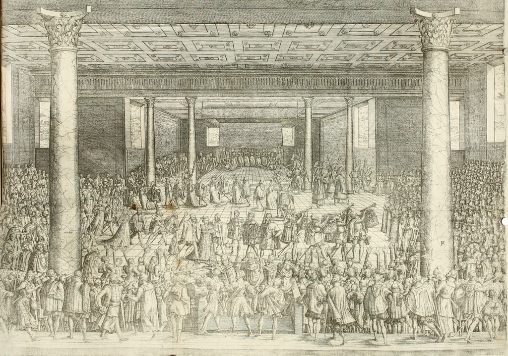 An illustration from Thurnier Buch, warhafftiger ritterlicher Thate : so in dem Monat Junij des vergangnen LX. Jars in vnd ausserhalb der Statt Wienn zu Ross vnd zu Fuess, auff Wasser vnd Lannd gehalten worden, mit schönen Figuren contrafeet : vnd dem Allerdurchleuchtigisten, Grossmechtigisten Fürsten vnnd Herrn, Herren Ferdinando, erweltem Römischen Kayser ..., 1561, leaf 77