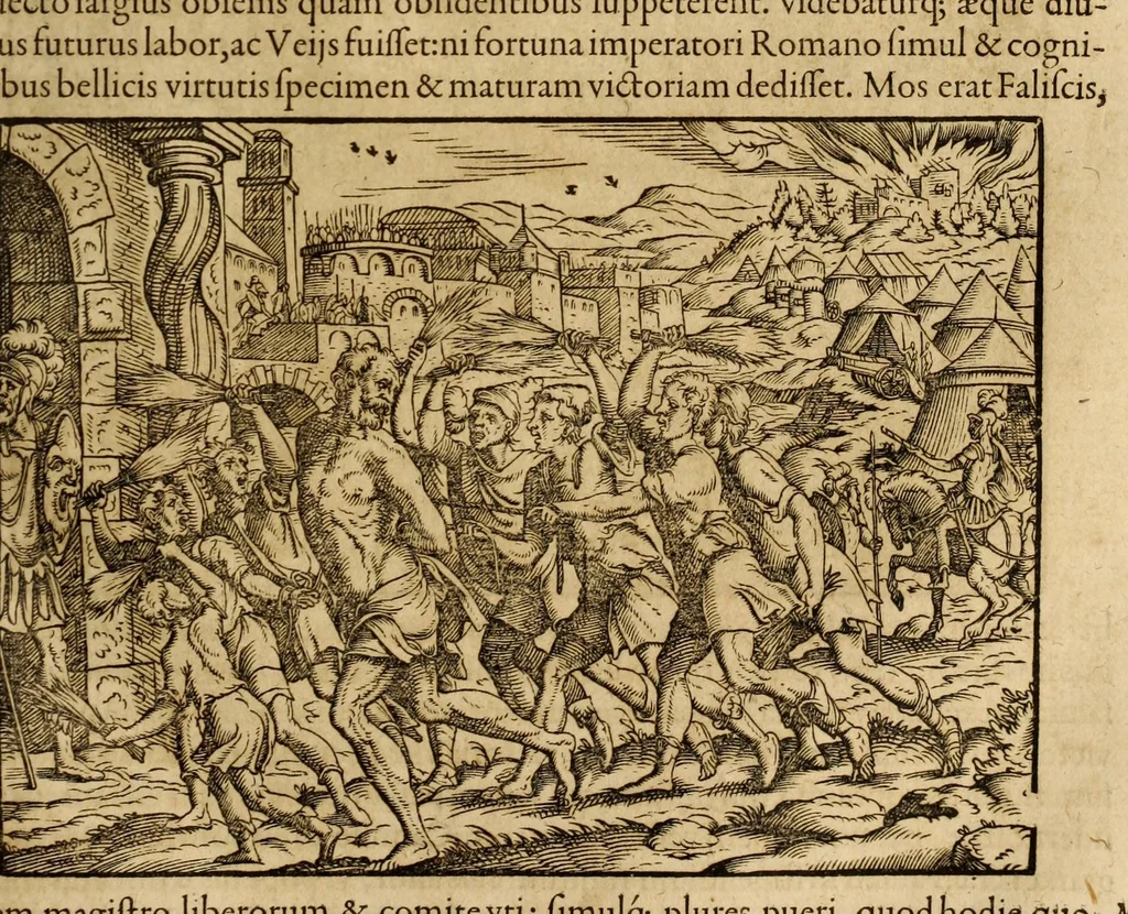 An illustration from Titi Livii Patavini Romanæ historiæ principis libri omnes qvotqvot ad nostram ætatem peruenerunt : vna cvm doctissimorvm virorvm in eos lucubrationibus, post omnes aliorum editiones, summa fide ac diligentia, & veterum & recentiorum exemplarium collatione nunc denuo recogniti, plurimusq[ue] in locis castigati, & artificiosis picturis, præcipuas historias aptè representantibus, exornati, inq[ue] duos tomos distributi, quibus quæ contineantur, post præfationem patebit : cum indice copiosissimo, 1578, leaf 193