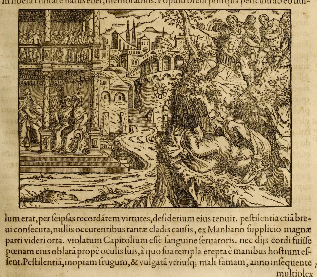 An illustration from Titi Livii Patavini Romanæ historiæ principis libri omnes qvotqvot ad nostram ætatem peruenerunt : vna cvm doctissimorvm virorvm in eos lucubrationibus, post omnes aliorum editiones, summa fide ac diligentia, & veterum & recentiorum exemplarium collatione nunc denuo recogniti, plurimusq[ue] in locis castigati, & artificiosis picturis, præcipuas historias aptè representantibus, exornati, inq[ue] duos tomos distributi, quibus quæ contineantur, post præfationem patebit : cum indice copiosissimo, 1578, leaf 219