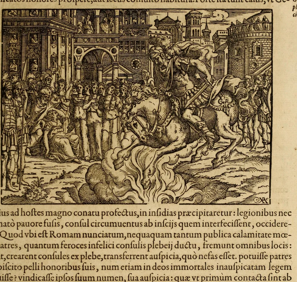 An illustration from Titi Livii Patavini Romanæ historiæ principis libri omnes qvotqvot ad nostram ætatem peruenerunt : vna cvm doctissimorvm virorvm in eos lucubrationibus, post omnes aliorum editiones, summa fide ac diligentia, & veterum & recentiorum exemplarium collatione nunc denuo recogniti, plurimusq[ue] in locis castigati, & artificiosis picturis, præcipuas historias aptè representantibus, exornati, inq[ue] duos tomos distributi, quibus quæ contineantur, post præfationem patebit : cum indice copiosissimo, 1578, leaf 235