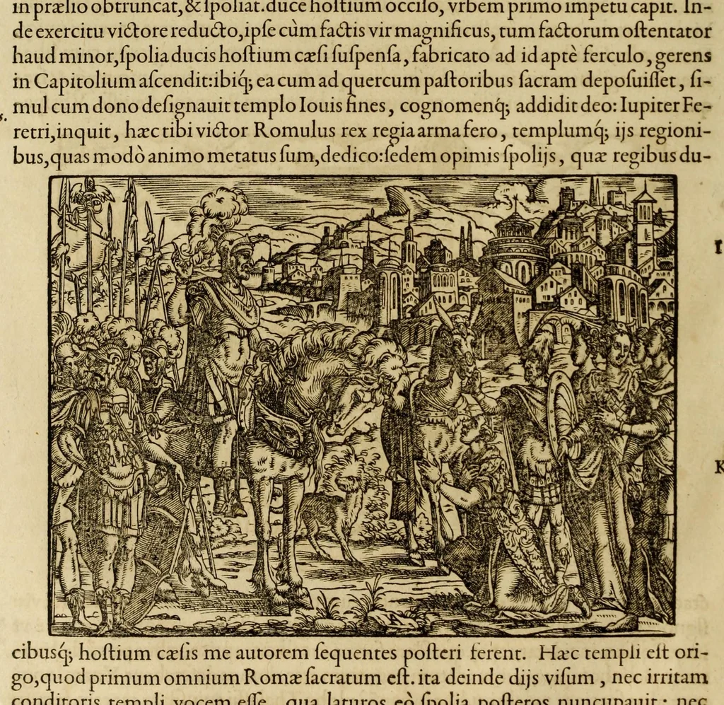 An illustration from Titi Livii Patavini Romanæ historiæ principis libri omnes qvotqvot ad nostram ætatem peruenerunt : vna cvm doctissimorvm virorvm in eos lucubrationibus, post omnes aliorum editiones, summa fide ac diligentia, & veterum & recentiorum exemplarium collatione nunc denuo recogniti, plurimusq[ue] in locis castigati, & artificiosis picturis, præcipuas historias aptè representantibus, exornati, inq[ue] duos tomos distributi, quibus quæ contineantur, post præfationem patebit : cum indice copiosissimo, 1578, leaf 48