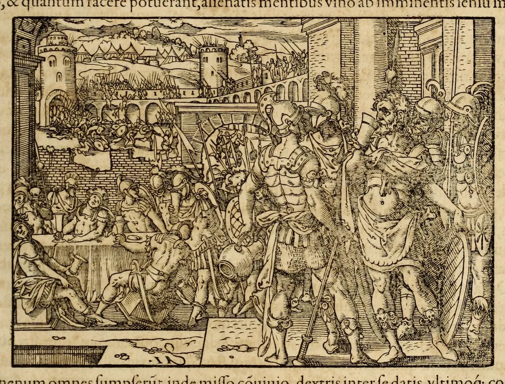 An illustration from Titi Livii Patavini Romanæ historiæ principis libri omnes qvotqvot ad nostram ætatem peruenerunt : vna cvm doctissimorvm virorvm in eos lucubrationibus, post omnes aliorum editiones, summa fide ac diligentia, & veterum & recentiorum exemplarium collatione nunc denuo recogniti, plurimusq[ue] in locis castigati, & artificiosis picturis, præcipuas historias aptè representantibus, exornati, inq[ue] duos tomos distributi, quibus quæ contineantur, post præfationem patebit : cum indice copiosissimo, 1578, leaf 481