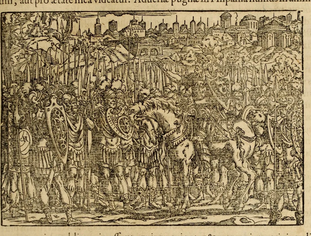 An illustration from Titi Livii Patavini Romanæ historiæ principis libri omnes qvotqvot ad nostram ætatem peruenerunt : vna cvm doctissimorvm virorvm in eos lucubrationibus, post omnes aliorum editiones, summa fide ac diligentia, & veterum & recentiorum exemplarium collatione nunc denuo recogniti, plurimusq[ue] in locis castigati, & artificiosis picturis, præcipuas historias aptè representantibus, exornati, inq[ue] duos tomos distributi, quibus quæ contineantur, post præfationem patebit : cum indice copiosissimo, 1578, leaf 497