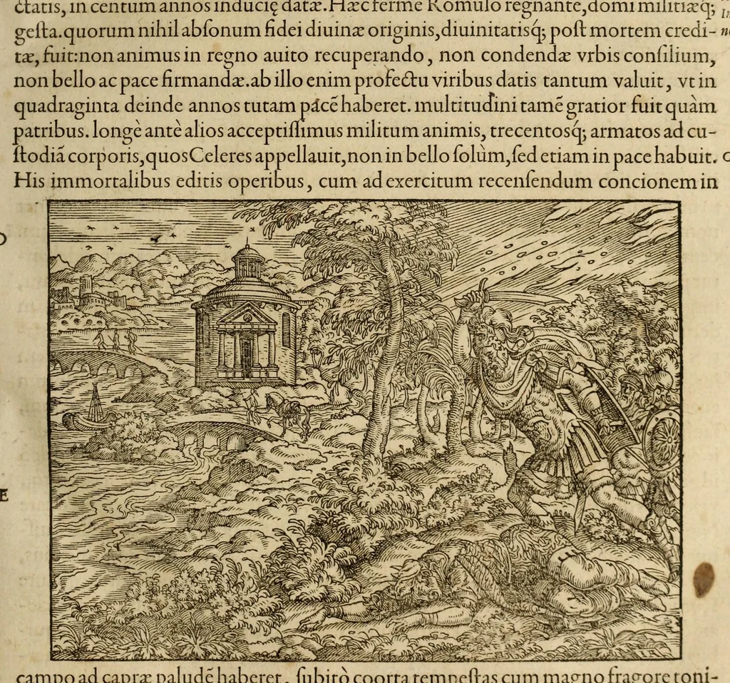 An illustration from Titi Livii Patavini Romanæ historiæ principis libri omnes qvotqvot ad nostram ætatem peruenerunt : vna cvm doctissimorvm virorvm in eos lucubrationibus, post omnes aliorum editiones, summa fide ac diligentia, & veterum & recentiorum exemplarium collatione nunc denuo recogniti, plurimusq[ue] in locis castigati, & artificiosis picturis, præcipuas historias aptè representantibus, exornati, inq[ue] duos tomos distributi, quibus quæ contineantur, post præfationem patebit : cum indice copiosissimo, 1578, leaf 51
