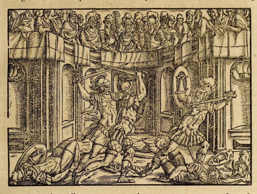 An illustration from Titi Livii Patavini Romanæ historiæ principis libri omnes qvotqvot ad nostram ætatem peruenerunt : vna cvm doctissimorvm virorvm in eos lucubrationibus, post omnes aliorum editiones, summa fide ac diligentia, & veterum & recentiorum exemplarium collatione nunc denuo recogniti, plurimusq[ue] in locis castigati, & artificiosis picturis, præcipuas historias aptè representantibus, exornati, inq[ue] duos tomos distributi, quibus quæ contineantur, post præfationem patebit : cum indice copiosissimo, 1578, leaf 57