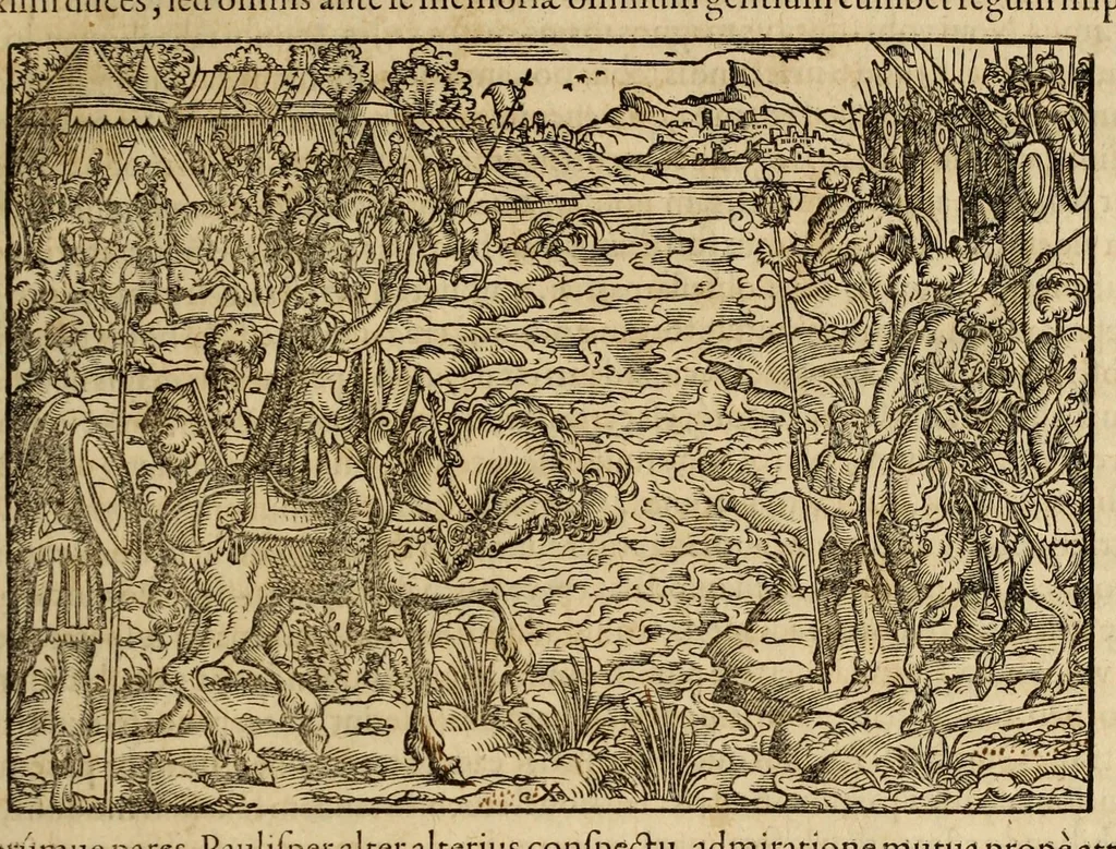 An illustration from Titi Livii Patavini Romanæ historiæ principis libri omnes qvotqvot ad nostram ætatem peruenerunt : vna cvm doctissimorvm virorvm in eos lucubrationibus, post omnes aliorum editiones, summa fide ac diligentia, & veterum & recentiorum exemplarium collatione nunc denuo recogniti, plurimusq[ue] in locis castigati, & artificiosis picturis, præcipuas historias aptè representantibus, exornati, inq[ue] duos tomos distributi, quibus quæ contineantur, post præfationem patebit : cum indice copiosissimo, 1578, leaf 599