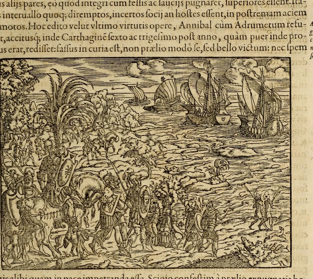 An illustration from Titi Livii Patavini Romanæ historiæ principis libri omnes qvotqvot ad nostram ætatem peruenerunt : vna cvm doctissimorvm virorvm in eos lucubrationibus, post omnes aliorum editiones, summa fide ac diligentia, & veterum & recentiorum exemplarium collatione nunc denuo recogniti, plurimusq[ue] in locis castigati, & artificiosis picturis, præcipuas historias aptè representantibus, exornati, inq[ue] duos tomos distributi, quibus quæ contineantur, post præfationem patebit : cum indice copiosissimo, 1578, leaf 603