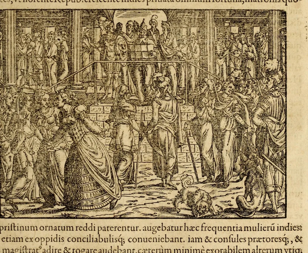 An illustration from Titi Livii Patavini Romanæ historiæ principis libri omnes qvotqvot ad nostram ætatem peruenerunt : vna cvm doctissimorvm virorvm in eos lucubrationibus, post omnes aliorum editiones, summa fide ac diligentia, & veterum & recentiorum exemplarium collatione nunc denuo recogniti, plurimusq[ue] in locis castigati, & artificiosis picturis, præcipuas historias aptè representantibus, exornati, inq[ue] duos tomos distributi, quibus quæ contineantur, post præfationem patebit : cum indice copiosissimo, 1578, leaf 663