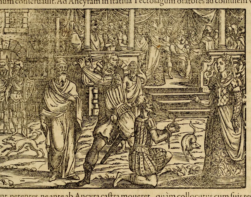 An illustration from Titi Livii Patavini Romanæ historiæ principis libri omnes qvotqvot ad nostram ætatem peruenerunt : vna cvm doctissimorvm virorvm in eos lucubrationibus, post omnes aliorum editiones, summa fide ac diligentia, & veterum & recentiorum exemplarium collatione nunc denuo recogniti, plurimusq[ue] in locis castigati, & artificiosis picturis, præcipuas historias aptè representantibus, exornati, inq[ue] duos tomos distributi, quibus quæ contineantur, post præfationem patebit : cum indice copiosissimo, 1578, leaf 769