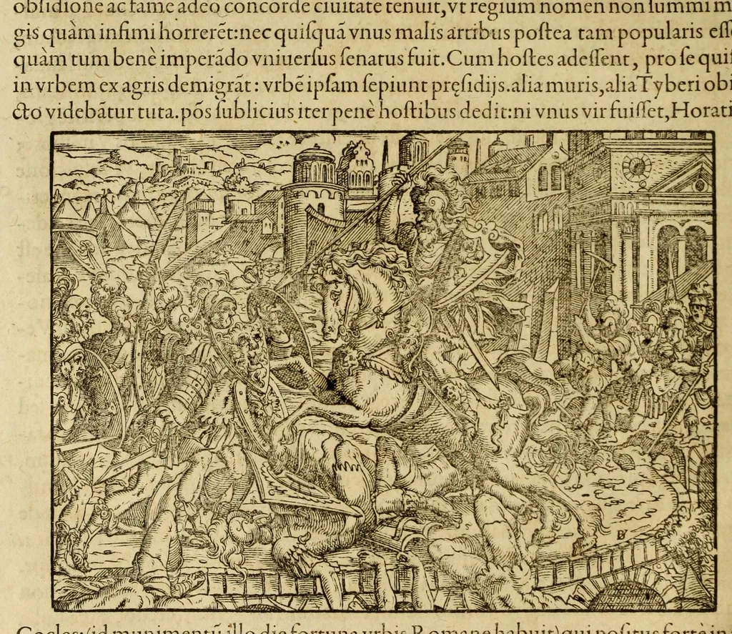 An illustration from Titi Livii Patavini Romanæ historiæ principis libri omnes qvotqvot ad nostram ætatem peruenerunt : vna cvm doctissimorvm virorvm in eos lucubrationibus, post omnes aliorum editiones, summa fide ac diligentia, & veterum & recentiorum exemplarium collatione nunc denuo recogniti, plurimusq[ue] in locis castigati, & artificiosis picturis, præcipuas historias aptè representantibus, exornati, inq[ue] duos tomos distributi, quibus quæ contineantur, post præfationem patebit : cum indice copiosissimo, 1578, leaf 82