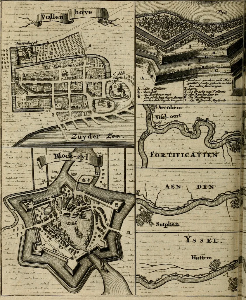 An illustration from Tooneel des oorlogs, opgerecht in de Vereenigde Nederlanden : door de wapenen van de koningen van Vrankryk en Engeland, Keulsche en Munstersche Bisschoppen : tegen de Staten der Vereenigde Nederlanden, en hare geallieerden ..., 1675, leaf 393