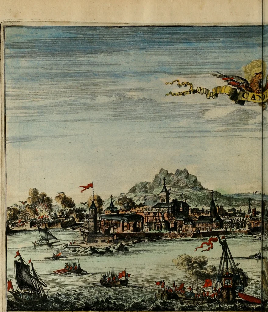 An illustration from Tooneel des oorlogs, opgerecht in de Vereenigde Nederlanden : door de wapenen van de koningen van Vrankryk en Engeland, Keulsche en Munstersche Bisschoppen : tegen de Staten der Vereenigde Nederlanden, en hare geallieerden ..., 1675, leaf 47