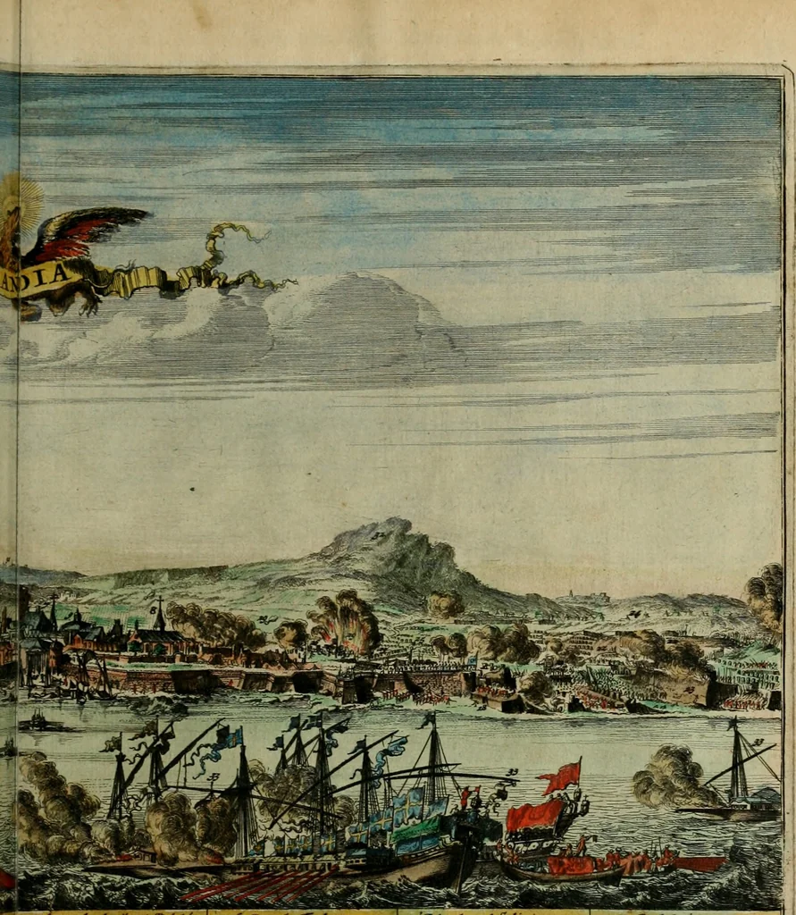 An illustration from Tooneel des oorlogs, opgerecht in de Vereenigde Nederlanden : door de wapenen van de koningen van Vrankryk en Engeland, Keulsche en Munstersche Bisschoppen : tegen de Staten der Vereenigde Nederlanden, en hare geallieerden ..., 1675, leaf 48