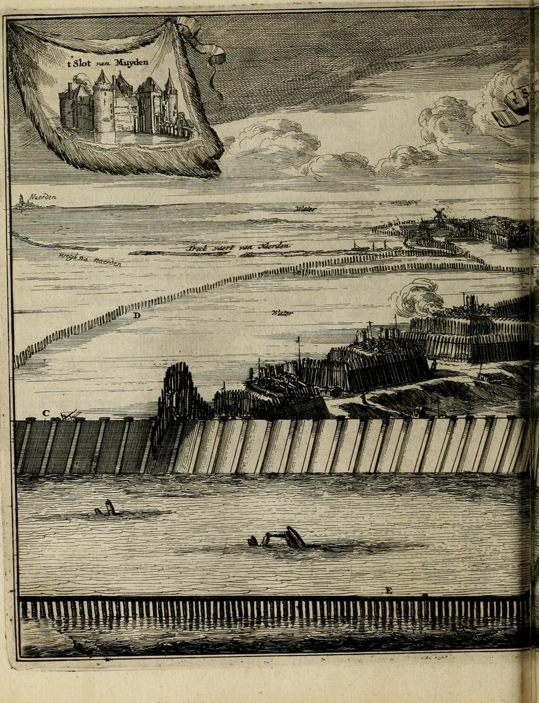 An illustration from Tooneel des oorlogs, opgerecht in de Vereenigde Nederlanden : door de wapenen van de koningen van Vrankryk en Engeland, Keulsche en Munstersche Bisschoppen : tegen de Staten der Vereenigde Nederlanden, en hare geallieerden ..., 1675, leaf 587