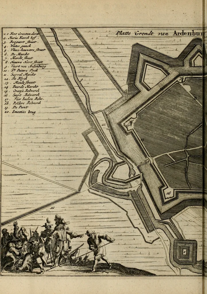 An illustration from Tooneel des oorlogs, opgerecht in de Vereenigde Nederlanden : door de wapenen van de koningen van Vrankryk en Engeland, Keulsche en Munstersche Bisschoppen : tegen de Staten der Vereenigde Nederlanden, en hare geallieerden ..., 1675, leaf 593