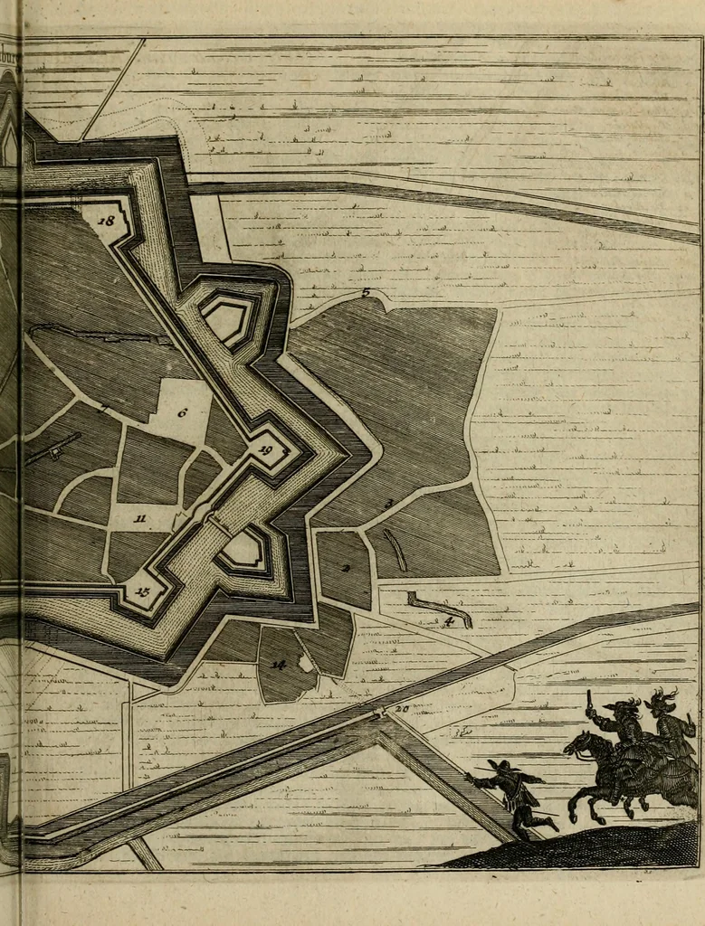 An illustration from Tooneel des oorlogs, opgerecht in de Vereenigde Nederlanden : door de wapenen van de koningen van Vrankryk en Engeland, Keulsche en Munstersche Bisschoppen : tegen de Staten der Vereenigde Nederlanden, en hare geallieerden ..., 1675, leaf 594